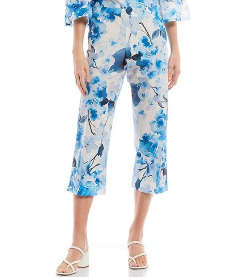 Bryn Walker Fiori Floral Print Slim Straight Leg Capri Pants Size XS Blue White